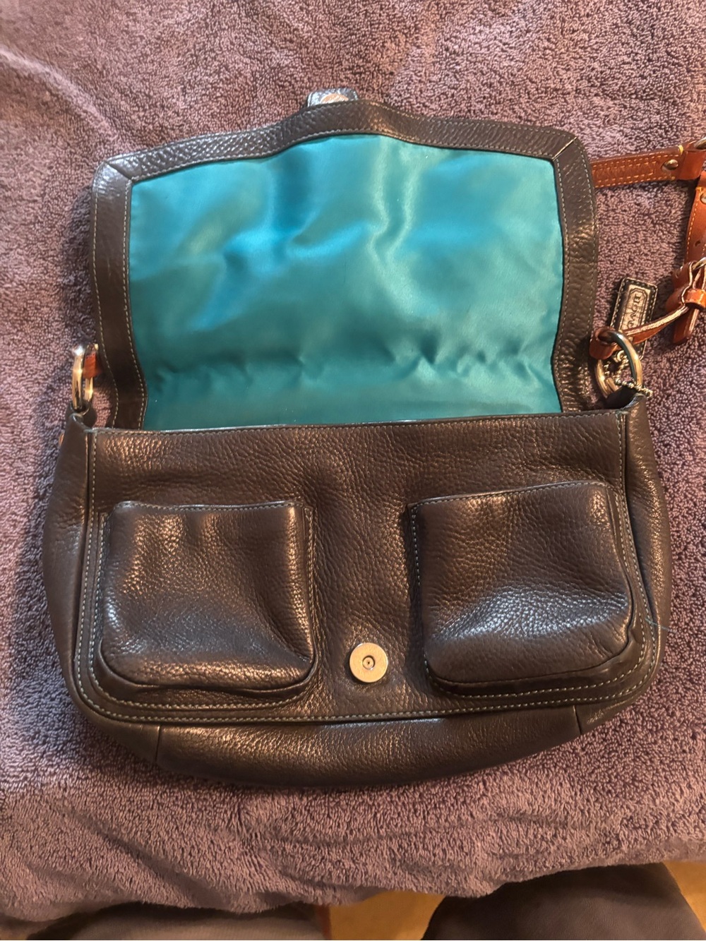 Women's Coach Black Leather Shoulder Bag with Tan Strap - Picture 5 of 6